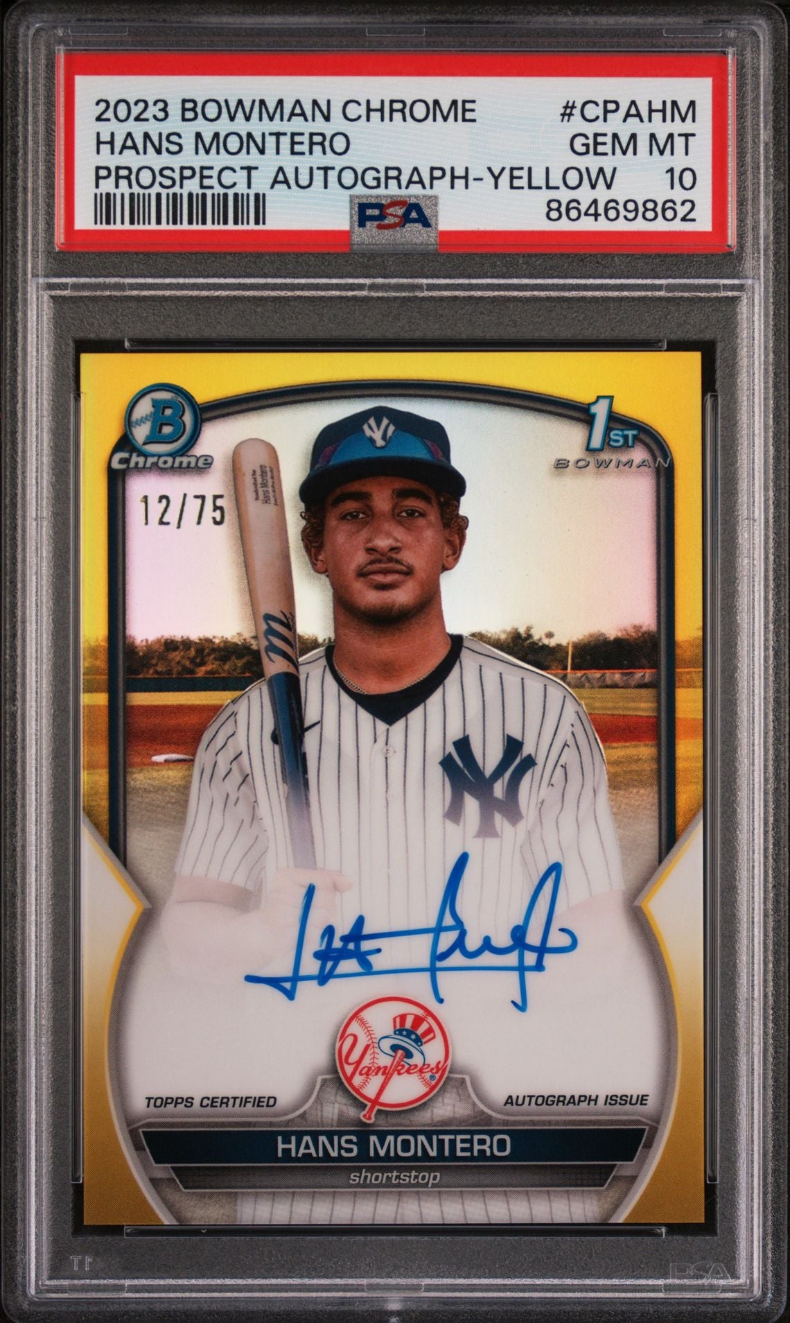 Hans Montero 2023 1st Bowman Chrome autograph yellow refractor #'d 12/75 PSA 10