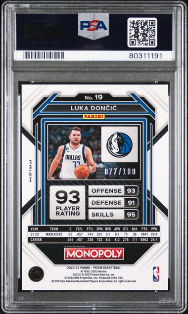 Luka Doncic 2022-23 Prizm Monopoly Red Money Shimmer #'d 77/100 PSA 8