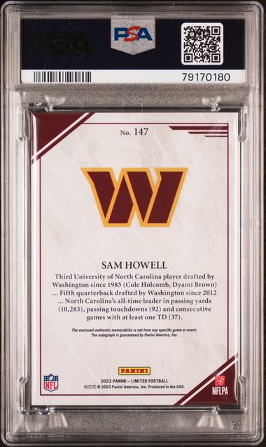 Sam Howell 2022 Panini Limited Rookie Patch Auto Jumbo Silver #'d 60/75 PSA 9