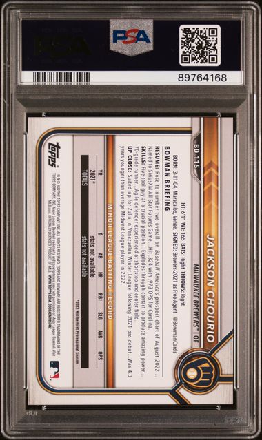 Jackson Chourio 2022 Bowman Draft 1st Edition orange foil #'d 14/25 PSA 9