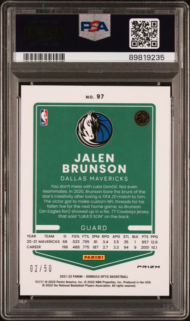 Jalen Brunson 2021 Panini Donruss Optic Fast Break Blue #'d 02/50 PSA 8