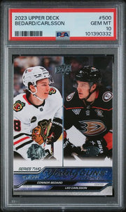 Connor Bedard/Leo Carlsson 2023 Upper Deck Series 2 Young Guns Checklist PSA 10