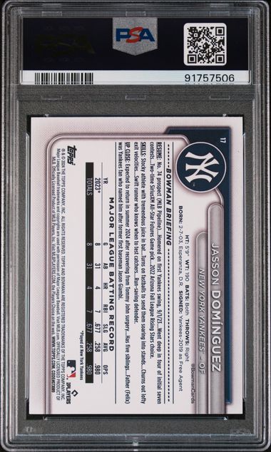 Jasson Dominguez 2024 Bowman Rookie Card PSA 10