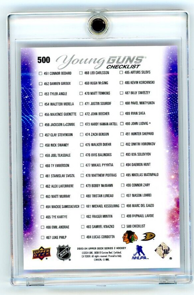 23-24 UD Series 2 Young Guns Checklist Bedard Carlsson Outburst Red 25/25