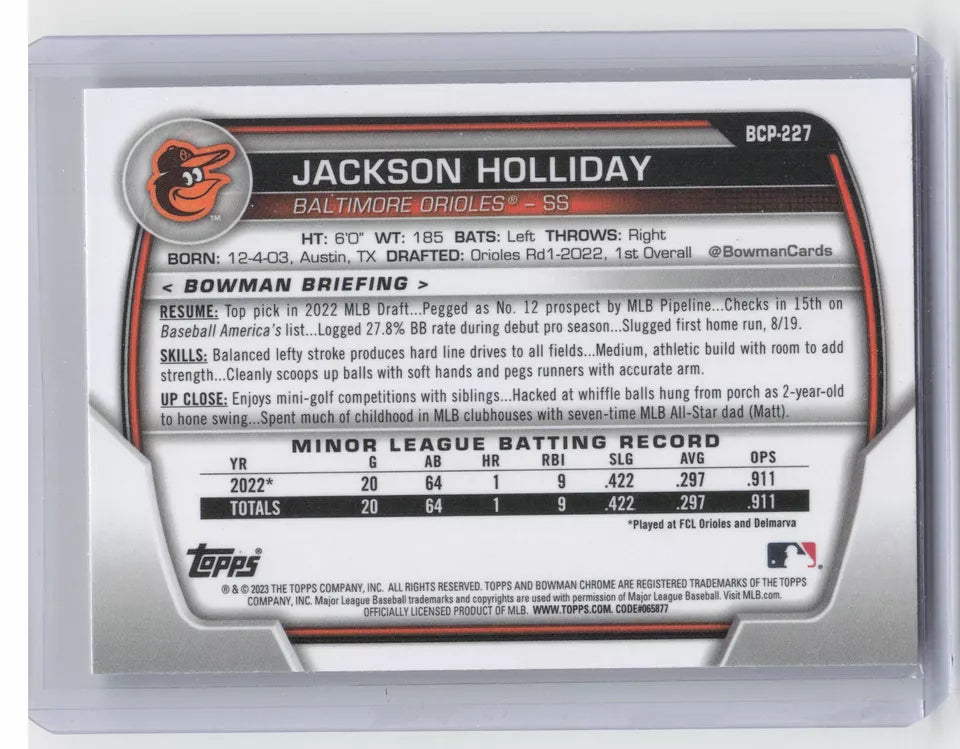 Jackson Holliday 2023 Bowman Chrome #BCP-227 Chrome Prospects Shimmer Refractor