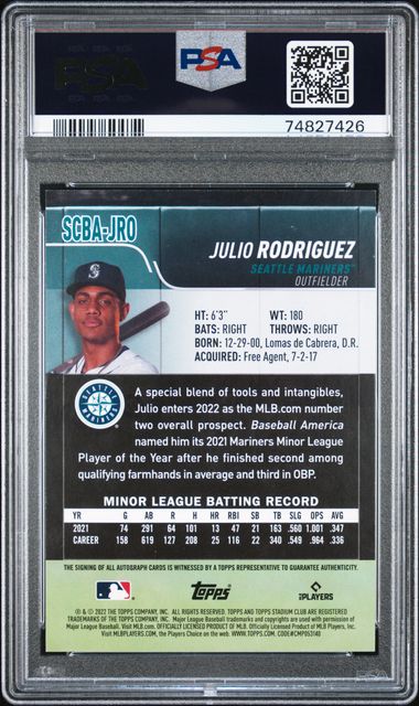 Julio Rodriguez 2022 Topps Stadium Club Base Rookie Autograph PSA 10