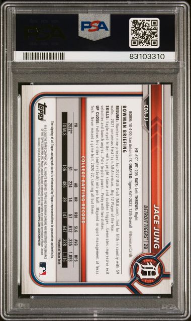 Jace Jung 2022 Bowman Draft Chrome Draft Pick 1st Auto Blue Refractor #'d 030/150 PSA 9