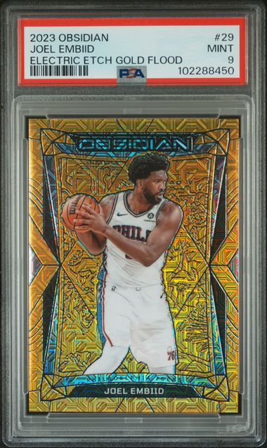 Joel Embiid 2023 Obsidian Electric Etch - Gold Flood #'d 06/10 PSA 9
