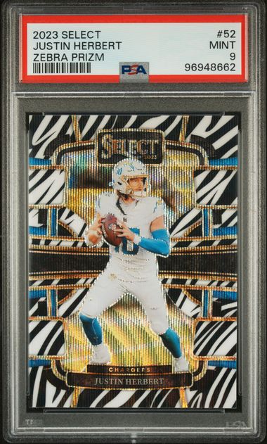 Justin Herbert 2023 Panini Select Zebra prizm PSA 9
