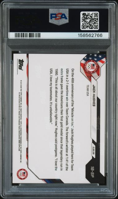 Jack Hughes 2026 Topps Now Olympics Golden Goal SP PSA 10