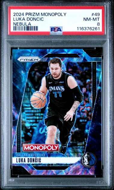 Luka Doncic 2024 Panini Prizm Monopoly Nebula PSA 8