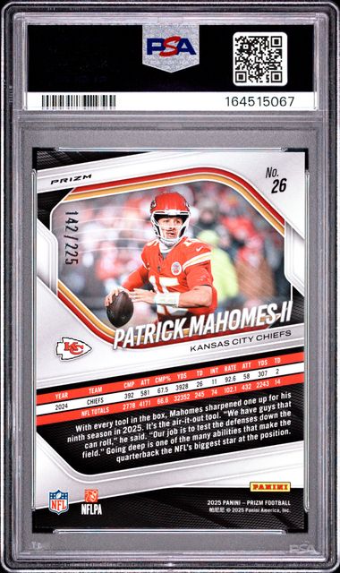 Patrick Mahomes II 2025 Panini Prizm Purple Ice #'d 142/225 PSA 10