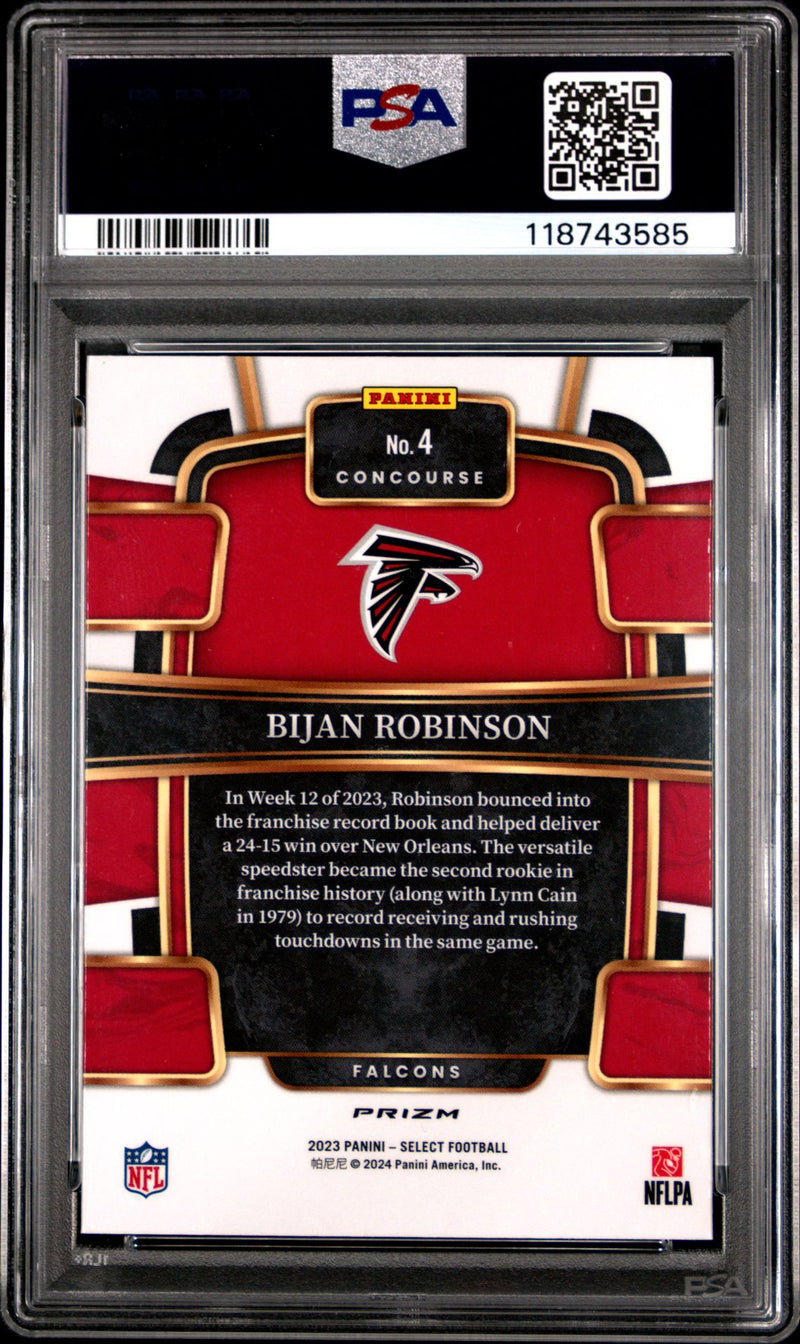 Bijan Robinson 2023 Panini Select Concourse Zebra Prizm Rookie SSP PSA 10