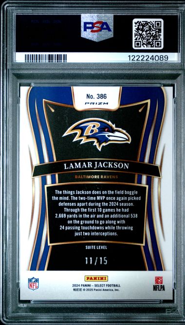 Lamar Jackson 2024 Panini Select pink glitter prizm #'d 11/15 PSA 9
