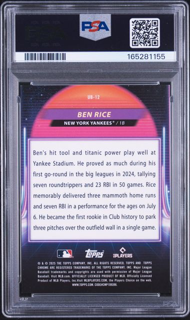 Ben Rice 2025 Topps Cosmic Chrome Ultraviolet Beam Lunar Eclipse #'d 03/10 PSA 10