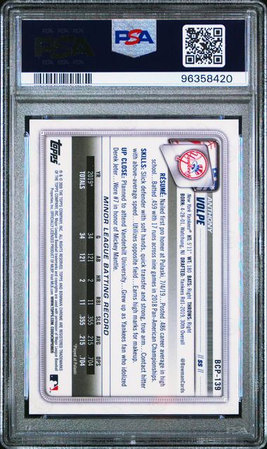 Anthony Volpe 2020 Bowman Chrome 1st Bowman Mega Box Purple #'d 223/250 PSA 10