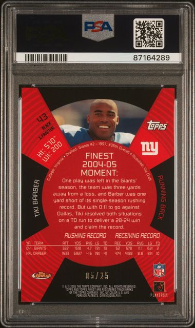 Tiki Barber 2005 Topps Finest Black X-Fractor #'d 05/25 PSA 9
