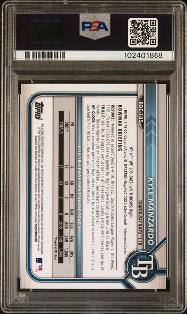 Kyle Manzardo 2022 Bowman Draft Sapphire aqua ref. #'d 02/20 PSA 10