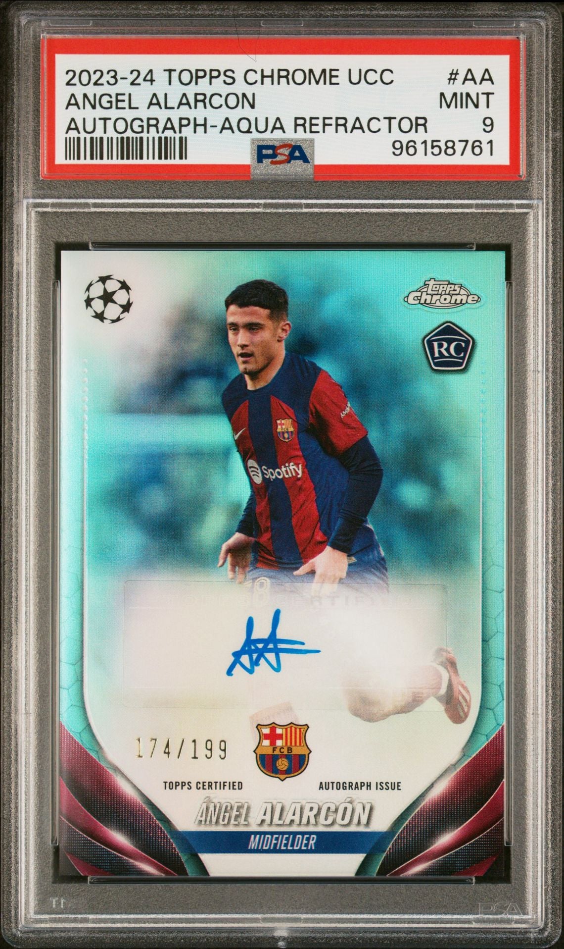 Angel Alarcon 2023-24 Topps Chrome UEFA autograph aqua ref. RC #'d 174/199 PSA 9