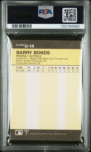 Barry Bonds 1986 Fleer Update Rookie #U-14 PSA 9