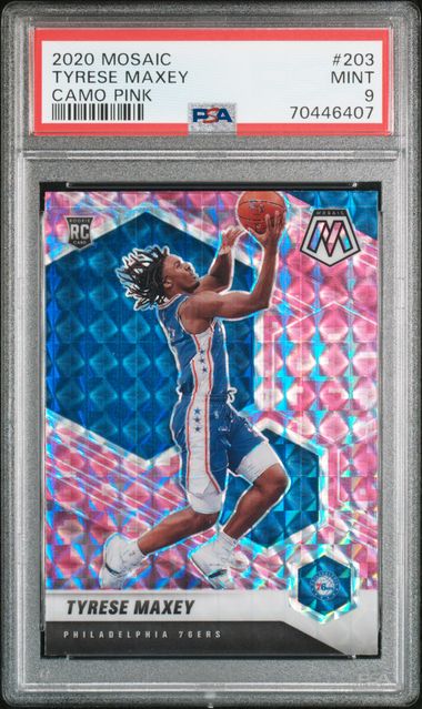 Tyrese Maxey 2020 Panini Mosaic Camo Pink Mosaic prizm rookie card PSA 9