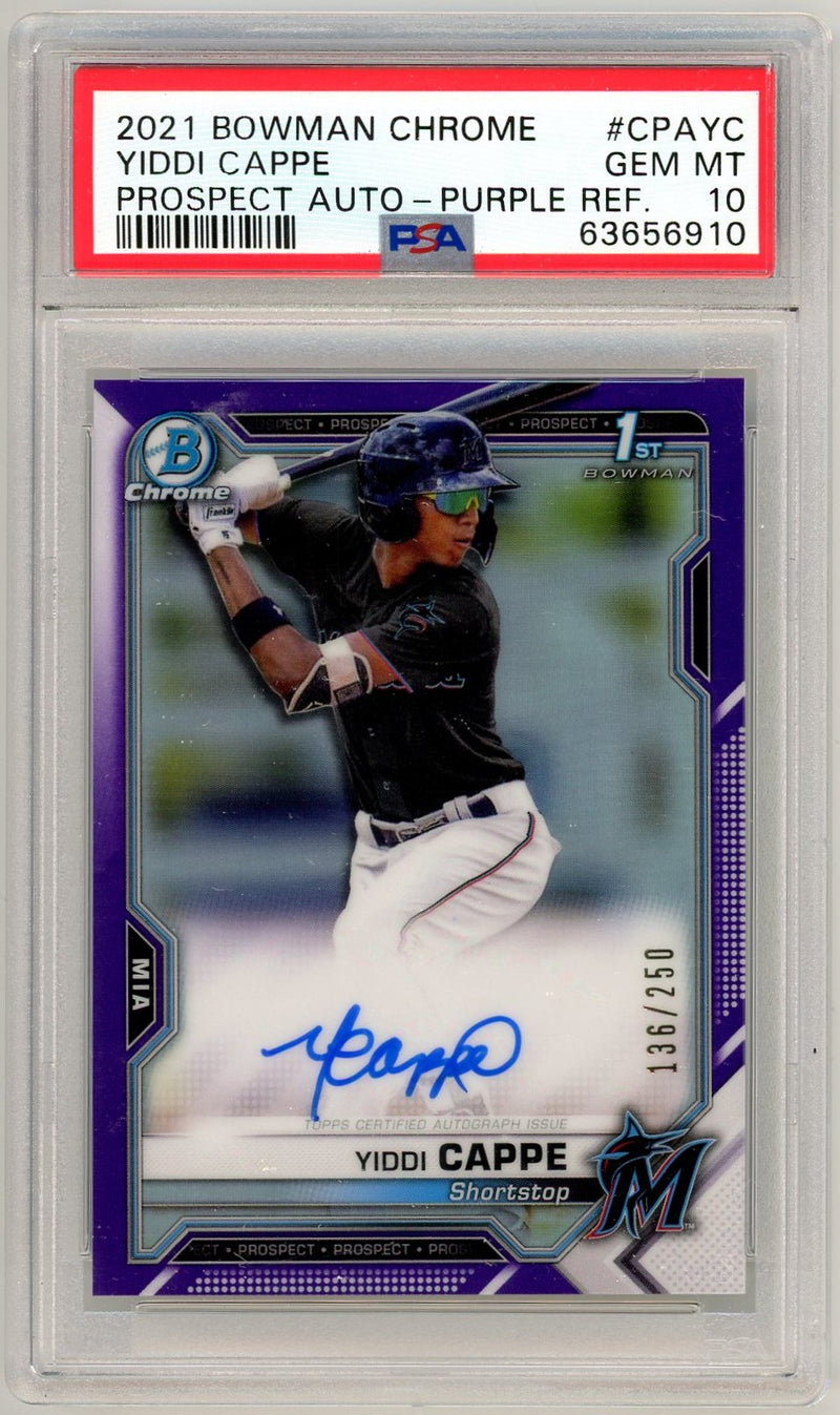 Yiddi Cappe 2021 Bowman Chrome 1st Bowman Auto Purple /250 PSA 10