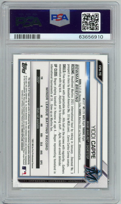 Yiddi Cappe 2021 Bowman Chrome 1st Bowman Auto Purple /250 PSA 10