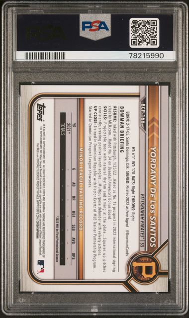 Yordany De Los Santos 2022 1st Bowman Chrome X Green X-Fractor #'d 23/31 PSA 10