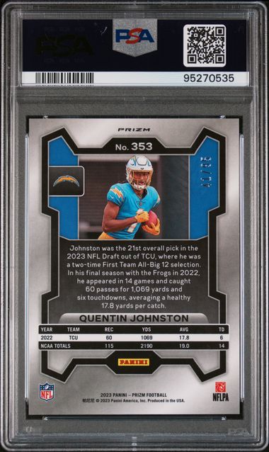 Quentin Johnston 2023 Panini Prizm No Huddle Blue prizm rookie card #'d 41/95 PSA 9