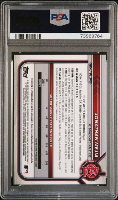 Jonathan Mejia 2022 Bowman Chrome 1st Bowman Speckle Refractor Autograph #'d 204/299 PSA 10