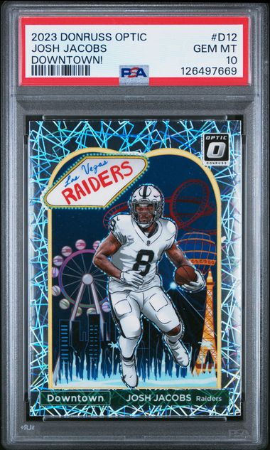 Josh Jacobs 2023 Donruss Optic Downtown PSA 10