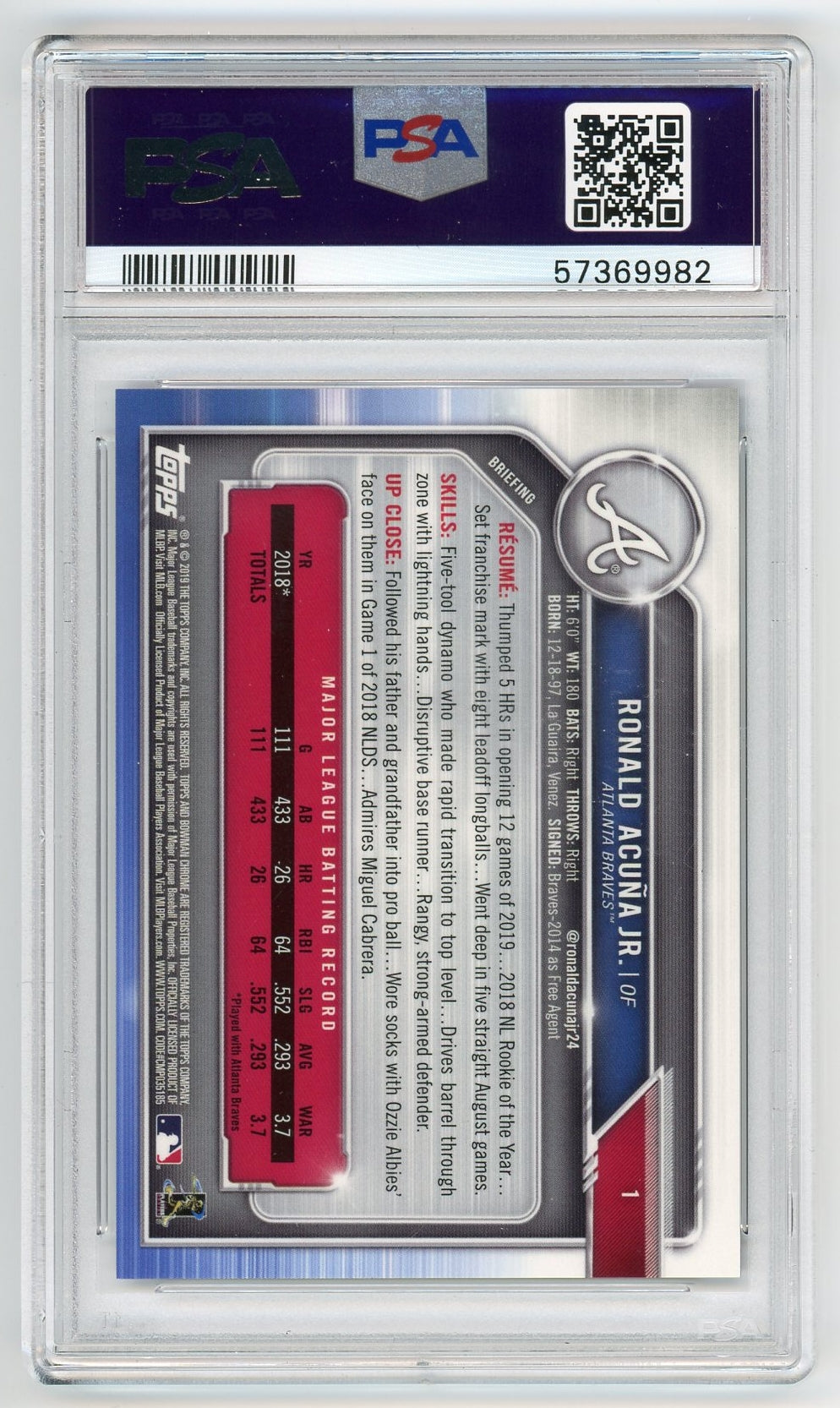 Ronald Acuna Jr. 2019 Bowman Chrome Purple Refractor #'d 039/250 PSA 9