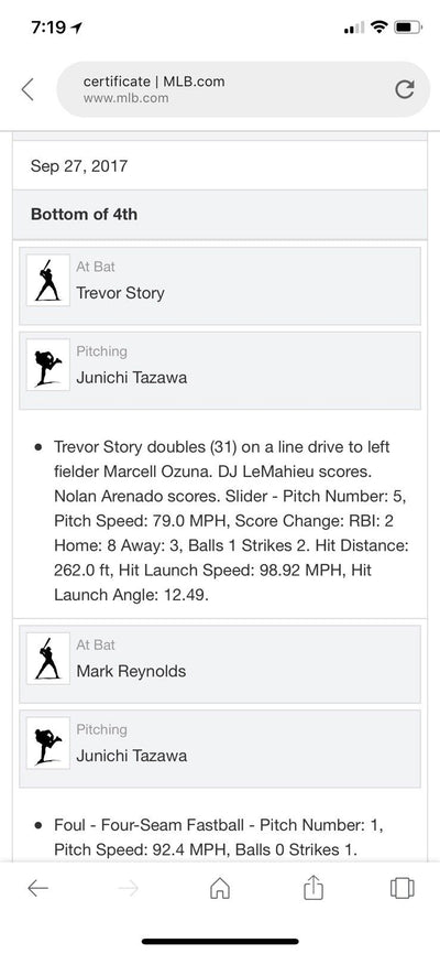 Trevor Story MLB Game Used Double 2 Rbi's Baseball 9/27/17 Marlins vs Rockies
