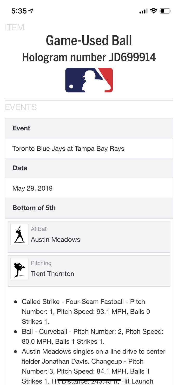 Austin Meadows MLB Game Used Single Baseball 5/29/19 Career Hit #101 Tampa Rays