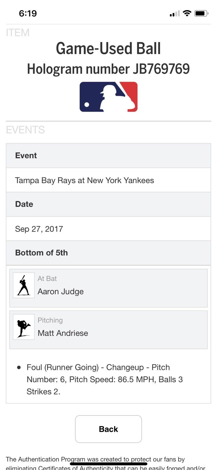 Aaron Judge MLB Game Used Rookie Year Baseball 9/27/2017 Yankees vs Rays