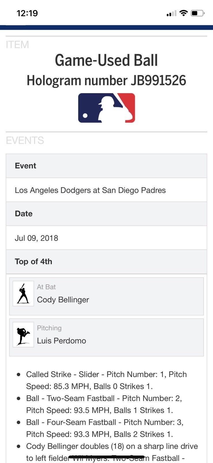 Cody Bellinger MLB Game Used Double Baseball 7/9/18 Career Hit #204 Double #44