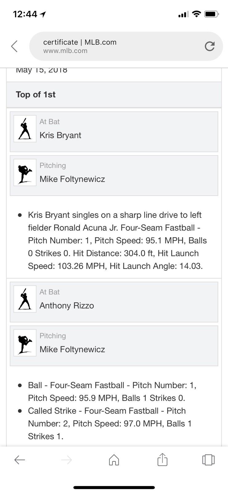 Kris Bryant MLB Game Used Single Baseball to Acuna Jr. 5/15/18 Cubs vs Braves