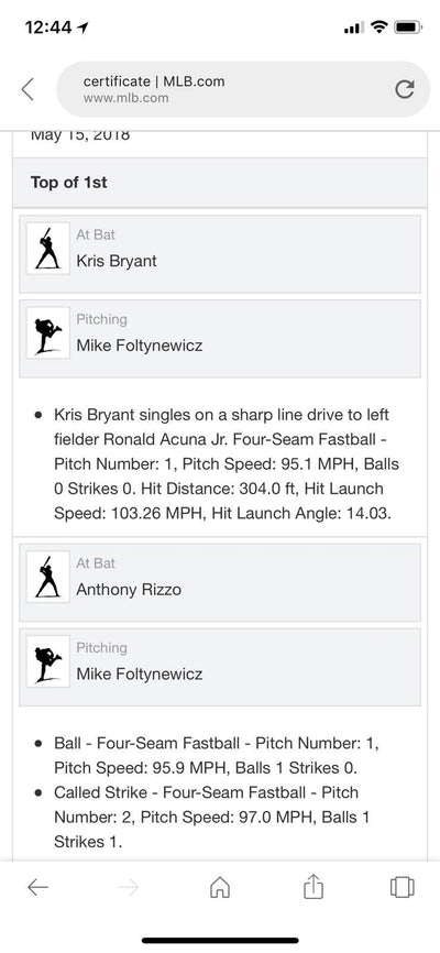 Kris Bryant MLB Game Used Single Baseball to Acuna Jr. 5/15/18 Cubs vs Braves