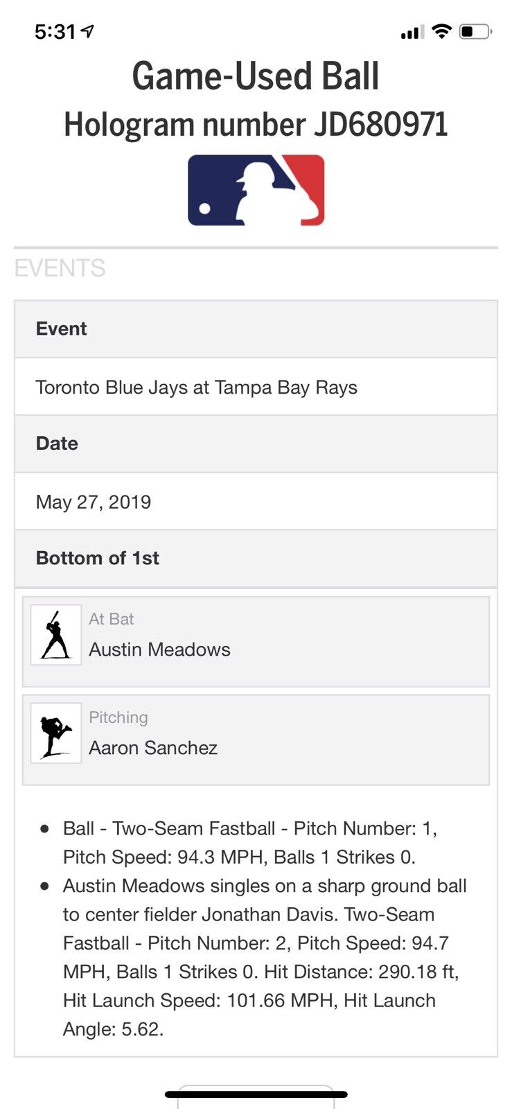 Austin Meadows MLB Game Used Single Baseball 5/27/19 Career Hit #95 Tampa Rays