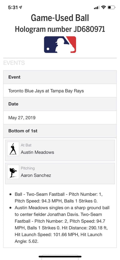 Austin Meadows MLB Game Used Single Baseball 5/27/19 Career Hit #95 Tampa Rays