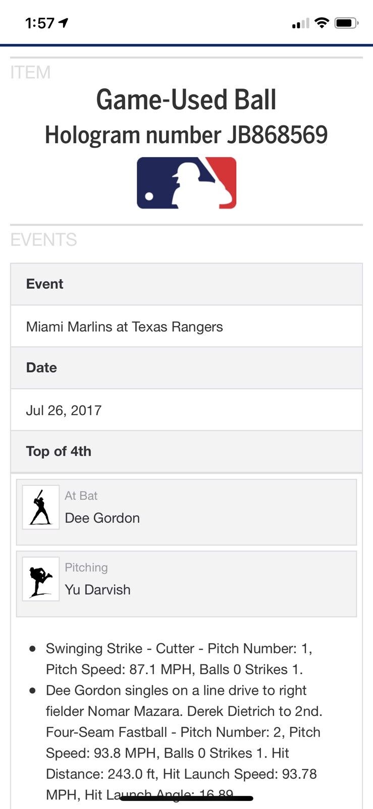 Giancarlo Stanton MLB Game Used Single RBI Baseball 7/26/17 Hit #892  MVP Year!