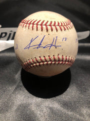 Keston Hiura Game Used MLB Authenticated Single Ball Auto 5/17/19 Career Hit # 3