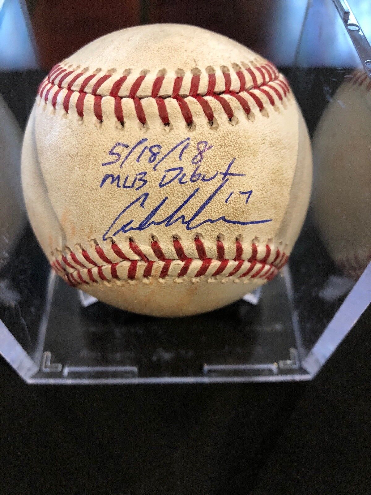 Austin Meadows MLB Debut Game Used Autographed Inscribed Baseball 5/18/18