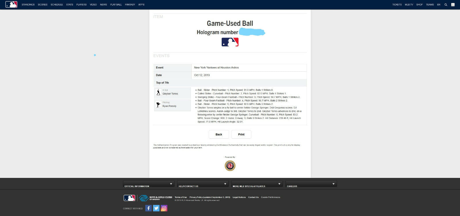 Gleyber Torres MLB ALCS Game Used 2 RBI Single Baseball 10/12/19 Record Ball