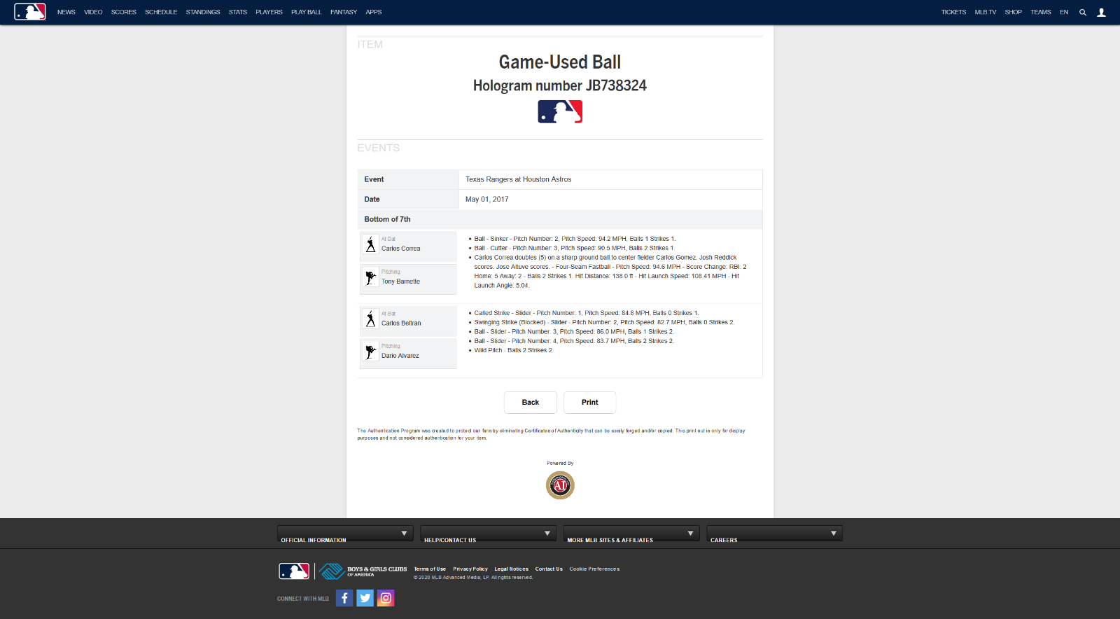 Carlos Correa MLB Game Used Double 2 RBI Autographed Baseball Hit #287 Astros