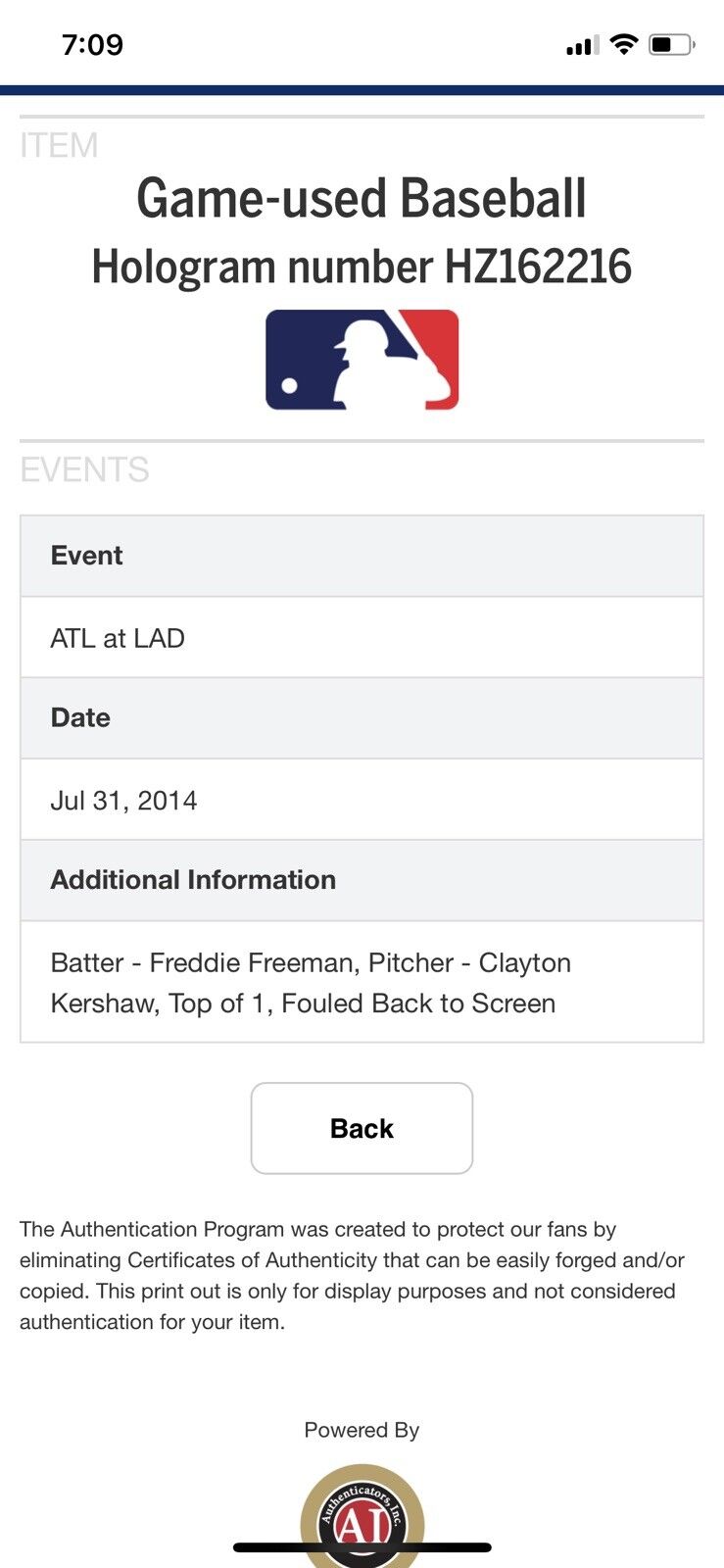 Clayton Kershaw MLB Game Used Foul Ball Baseball 7/31/14 Atlanta at Dodgers MVP