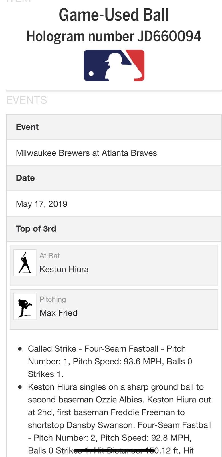 Keston Hiura Game Used MLB Authenticated Single Ball Auto 5/17/19 Career Hit # 3