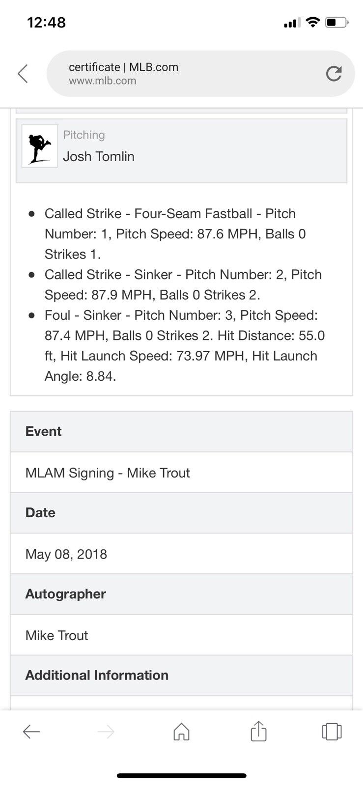 Mike Trout MLB Game Used Autographed Baseball 9/20/2017 Indians vs Angles