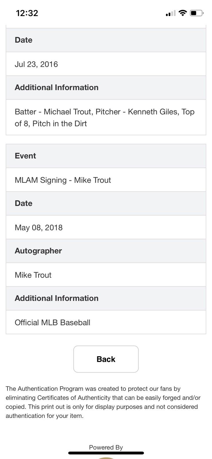 Mike Trout MLB Game Used Autographed Baseball MVP 7/23/2016 Angles vs Astros