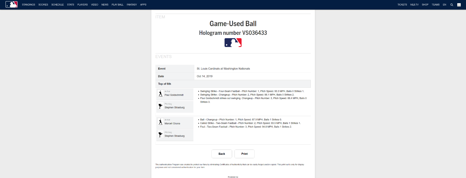 Stephen Strasburg MLB Game Used NLCS Strikeout #50 Baseball 10/14/19 Nationals